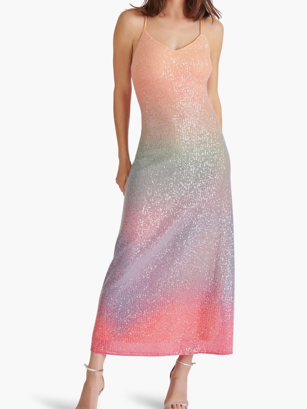 Steve Madden Sparkle Ombre Maxi Dress in Peach, Light Blue, Coral. Sz 4 NWT - Picture 3 of 7